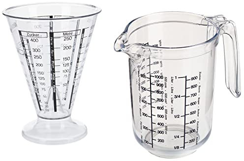 Westmark Set 2 piezas:1 jarra medidora + 1 vaso medidor con cono medidor fino, Multilingüe y con diferentes unidades de medida, Volumen de llenado:0,5 + 1 litro, Gerda, Plástico, transparente,306822E7