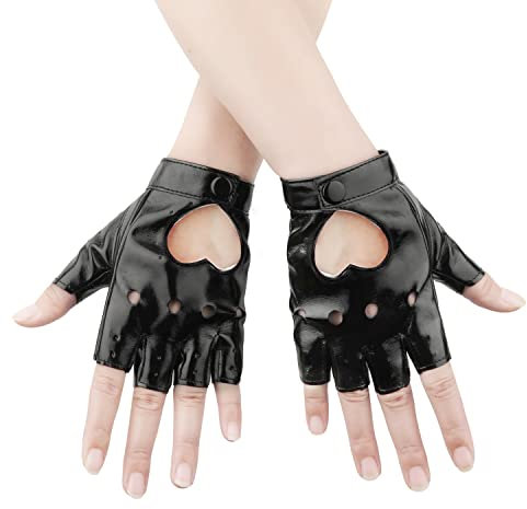 KINBOM 1 Paar Halbfinger Handschuhe Leder, Stylisch Fingerlose Handschuhe Schwarz Leder Fingerlose Lederhandschuhe Damen für Halloween Frauen Teenager Cosplay (Schwarz)