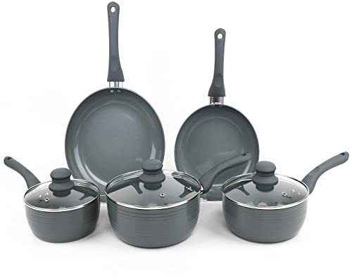 Gr8 Home Grey 8 Piece Aluminium Ribbed Induction Non Stick Frying Saucepan Grill Pan Cooking Pot Set Kitchen Cookware