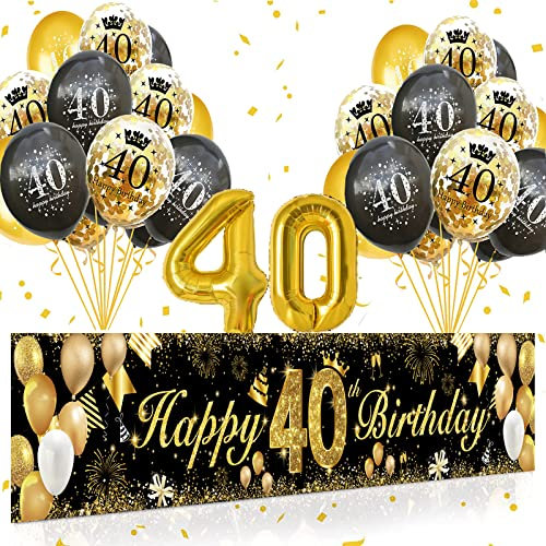 40 Geburtstag Dekoration Männer Frauen，40.Geburtstag Deko Banner Hintergrund und Schwarzes Gold luftballons Konfetti Luftballon für 50th Jubiläum Geburtstagsparty Supplies Dekor