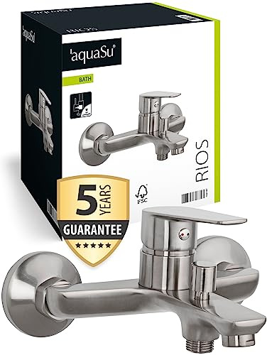 aquaSu® Wannenarmatur Rios mit Umsteller, Typ 1/2 '' Brauseabgang unten, Wandbefestigung, Standard S-Anschlüsse, Keramikkartusche, Messingkern, Edelstahl, 798747