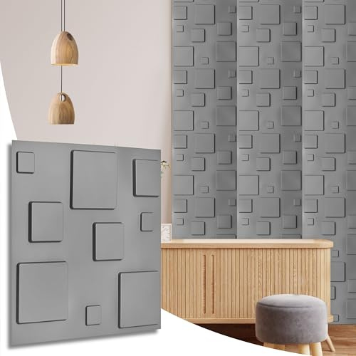 NOVECRAFTO 3D Blocks Effect Wall Panels - 20 Sheets Covering 53.82 sq ft (5 sqm) - Decorative Cladding Panel Size 19.6x19.6 (50x50cm) - Wall Tiles with 3D Blocks Design in Matte Grey Silver