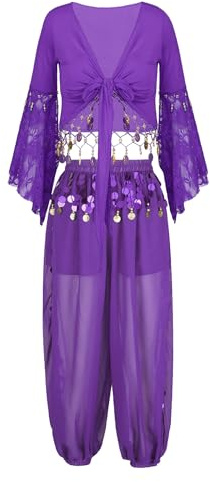Yeahdor Damen Glitzer Bauchtanz Kostüm Set Flare Arm Latein Oberteil mit Mützen + Haremshose Karneval Cosplay Party Bühnenperformance
