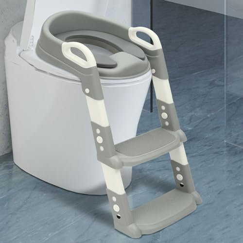 Toilettentreppe,Toilettensitz Kinder mit Treppe,Höhenverstellbar Faltbarer Kinder Toiletten Trainer,Toilettentrainer für Babys im Alter von 2-7 Jahren (Grau)