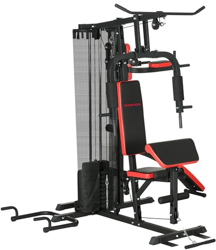 SPORTNOW Stazione Fitness Multifunzione per Allenamento del Corpo, Panca Multifuzione in Acciaio e PU con 65kg di Pesi totale, 225x175x200 cm, Nero
