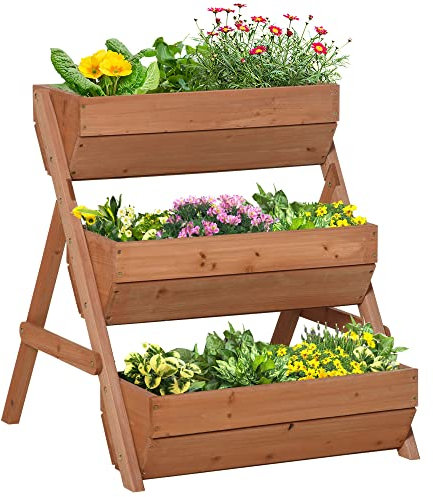 Outsunny 3 Tier 66L Raised Garden Bed Wooden Elevated Planter Box Kit for Flower, Vegetable, Herb, 65 x 75 x 76cm, Brown