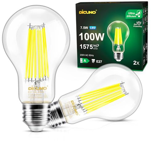 DiCUNO Edison Light E27 Edison Screw Bulb 7.5W (100W Equivalent), Clear Filament Bulb A60, Energy Efficient A Class LED, 4000K, 1575LM, Non-dimmable, 2 Pcs