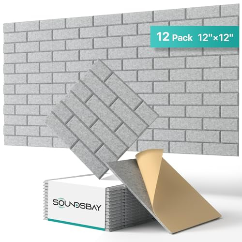 Soundsbay Brick Acoustic Wall Panels, 12 Pack Soundproofing Panels | Self-Adhesive High-Density Polyester, 11.6 sq ft Coverage, Sound Panels for Home Studio, Office, Recording Room 30x30cm Gray
