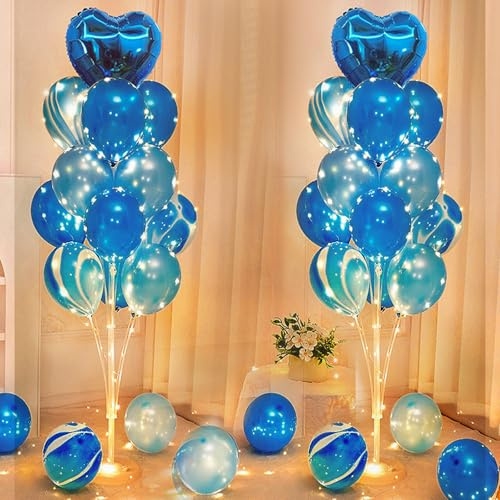2 stycken set med ballongstativ, 1,3 m ballonghållare, LED, ballonghållare med ballonger, blå, återanvändbar ballongstativ för bröllop, fest, födelsedagar, festdekoration