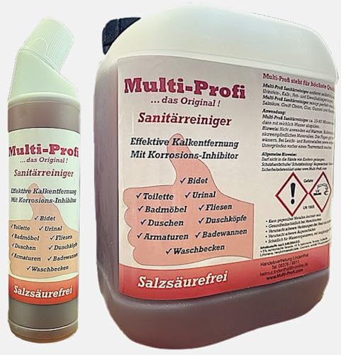 Multi-Profi Sanitärreiniger entfernt selbsttätig auch starke Urinstein-, Kalk-, Fett- und Eiweißablagerungen. Reinigt perfekt ohne Salzsäure und greift Glas, Gummi und Kunststoff nicht an ! 5 Liter