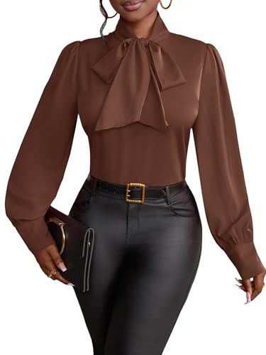 Vrtige Blusa elegante de manga larga con lazo para mujer, blusa de oficina, Marrón , M