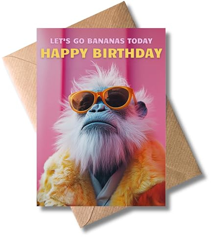 WBdesignz Lustige Geburtstagskarte mit Umschlag - pinke Geburtstagskarte “Let's go Bananas today Happy Birthday” - Affe im Pelzmantel - Witzige Glückwunschkarte, Geschenkkarte zum Geburtstag (DIN A6)