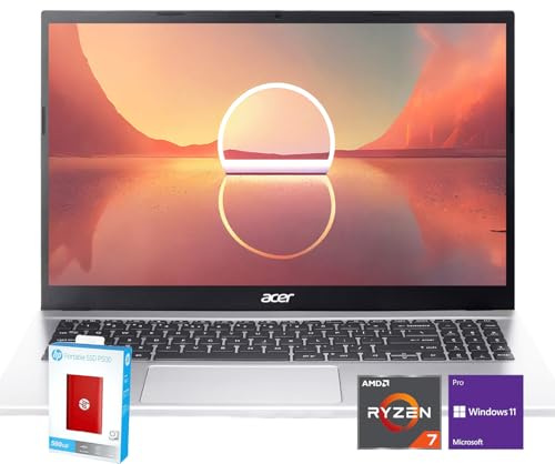 acer Ordinateur portable Aspire 3 | Écran FHD 15,6 (1920 x 1080) | AMD Radeon | AMD Ryzen 7-5700U 8 cœurs | 32 Go de RAM | SSD 1 To (512 Go PCIe SSD avec HP P500 512 Go SSD portable) | Port Ethernet