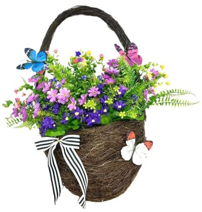 rockible Door Hanging Basket Wreath Artificial Flowers Welcome Sign Home Decor Front Door Garland for Fireplace Courtyard Outside