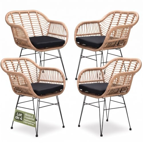 Casaria® Gartenstühle 4er Set Polyrattan inkl. 5cm Auflagen Boho-Stil Gartensessel Wetterfest mit Armlehne Garten Terrasse Balkon Stuhl Sessel Outdoor