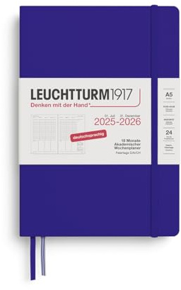 LEUCHTTURM1917 372639 Akademischer Wochenplaner Medium (A5) 2026, 18 Monate 07.2025-12.2026, Hardcover, Ink,Deutsch