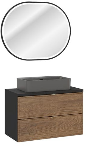 Lomadox Waschplatz-Set 2-teilig mit 80 cm Waschtisch und LED-Spiegel in Eiche und schwarz, Aufsatzwaschbecken dunkelgrau