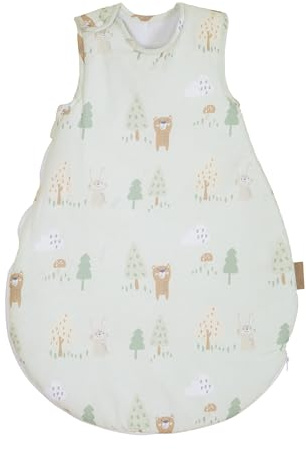 roba babysovsäck Woodland Buddies 70 cm – året runt-sovsäck i andningsbar bomull – ärmlös & hudvänlig med sött djurmotiv i pastellgrönt.
