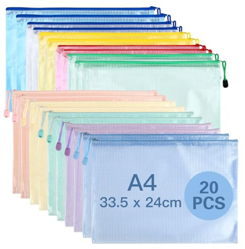 YOPEUC 20 Pcs Bolsas de Documentos A4,Bolsillo con Cremallera para Archivos 10 Colores,Impermeable Bolsas de Documentos de Malla,Carpeta Fundas Plastico A4 para Recibos Oficina Viaje 33,5 x 24cm