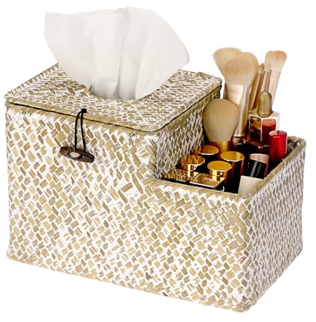 Sumnacon Tissue Box Cover Square Tissue Box Woven Seagrass Tissue Box Holder with Side Organizer, Rustic Tissue Holder for Living Room Bathroom Bedroom Kitchen Office Table Desk, White