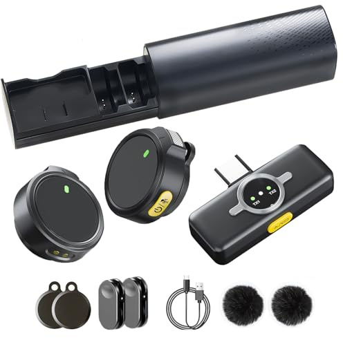 Wireless Lavalier Microphone (2 TX + 1 RX + Charging Case) Lapel Mic for Android/Type-C iPhone15, Noise Reduction, Clip on Mic, Mini Microphone for Video Recording, Vlogging, TikTok, Singing, YouTube