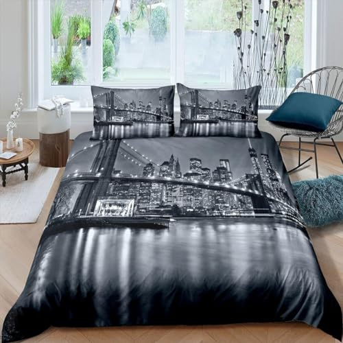 richhome Brooklyn Bridge Parure de Lit Enfants New York City Noir et Blanc Housse de Couette 200x200cm célèbre Ville Image Ensemble de literie