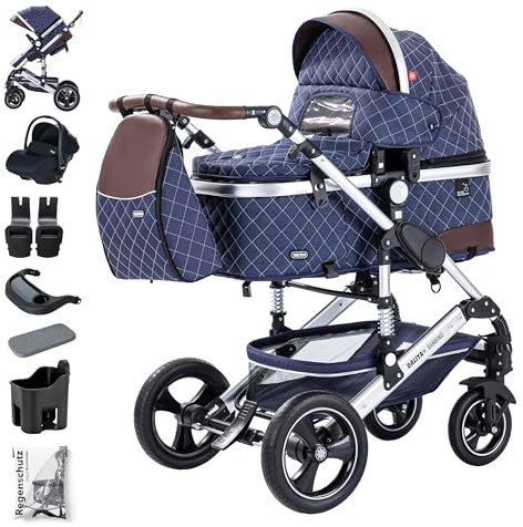 Daliya® BAMBIMO 3in1 Kinderwagen & Buggy Set mit i-Size Babyschale (ECE R129) – Kombikinderwagen ab Geburt bis 22 kg, pannensichere Räder, Federung, höhenverstellbar (Blau - Rahmen Silber)