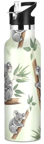 Bouteille d'eau pour enfants en acier inoxydable pour voyage ou école, 591 ml, sans BPA, jolies feuilles d'eucalyptus koala, vert