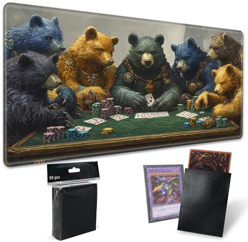 Spielmatten für Magic: The Gathering MTG Kartenspielmatte plus 50 Stück Kartenhüllen, 61 x 35,6 cm TCG-Matte mit genähtem Rand für Commander-Deck Duskmourn Brettspiel, Bären spielen Poker