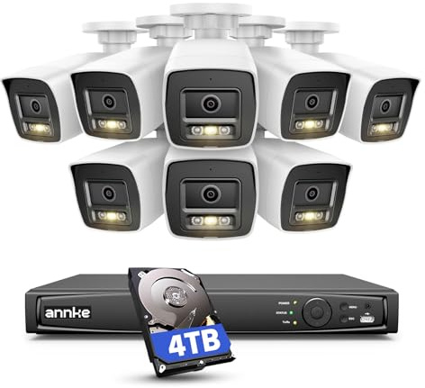ANNKE 16-kanals övervakningssats, 8 IP-kameror Bullet 12MP + 4 TB NVR, mänsklig/fordonsdetektering, 30 m färgmörkerseende, inbyggd mikrofon, IP67, inomhus/utomhus