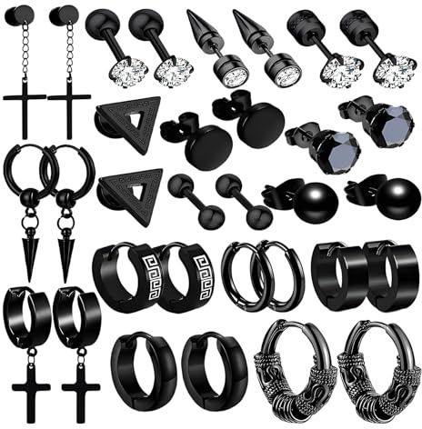 16 pairs Black Earrings for Men, Mens Earrings Studs, Ear Ringsfor Women, Gothic Gifts Aesthetically Pleasing and Durable Suitable for Parties Wwork and Daily Life