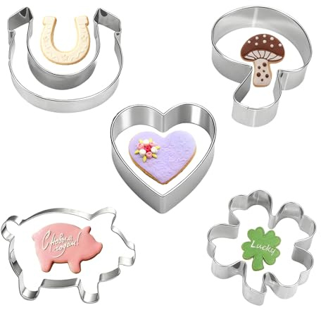 5 Stück Glücksbringer Ausstechförmchen Set Ausstechformen Schwein,Kleeblatt,Pilz,Hufeisen,Herz,Plätzchen Ausstecher Edelstahl, Plätzchenausstecher für Silvester Glücksbringer Geschenke für Kuchendeko