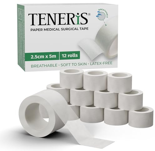 Teneris Microporous Paper Medical Tape 2.5cm x 5m – 12 Rolls Value Pack – Breathable, Hypoallergenic, Latex-Free, Gentle on Sensitive Skin, Easy to Tear – for Dressings, Bandages & First Aid Use