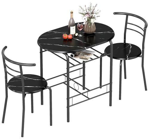 HOMCOM 3-Piece Dining Table and Chairs Set Marble-Effect Top Black | Breakfast Bar Table and 2 Chairs, Storage Shelf, Metal Frame, Dining Room Set, Living Room, Small Space