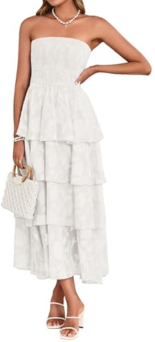 Simplee Womens White Wedding Guest Maxi Dress 2026 Smocked Tiered Ruffle Long Flowy Chiffon Dresses Off the Shoulder Holiday Long Sundresses(White L)