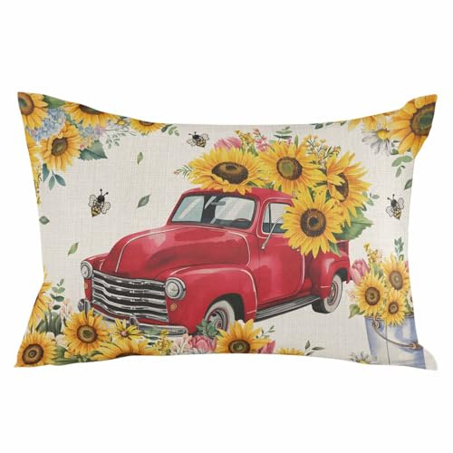 Sunflower Truck Pillow Covers Pastoral Flowers Bee Linen Texture 12x20 Inch Soft Brushed Microfiber Pillowcases with Hidden Zipper Closure Bed Pillow Shams for Bedroom Sofa Car