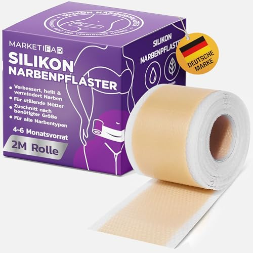 MARKETIFAR Narbenpflaster - 200cm Silikon Narbenpflaster - Ideal für Narbenpflege, Kaiserschnitt, Verbrennungen und Verletzungen - 4cm x 2m - Wiederverwendbar und Hautfreundlich