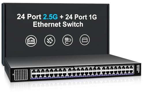 Switch Ethernet 48 Ports 2.5Gb Non Géré avec 24 Ports 2.5G + 24 Ports 1G, Switch Réseau NICGIGA 48 Ports 2.5Gbps, Plug & Play, Montage Bureau ou Rack 19 Pouces.