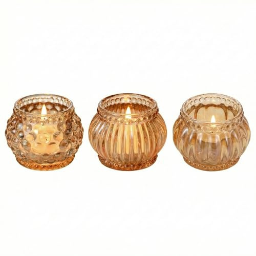 Olrla Amber Glass Tealight Holders, Set of 3 Shapes (6.5 x 5 x 4 cm) | Small Pumpkin & Lantern Style Candle Holders, Elegant Home Decor, Festive Table Centrepiece
