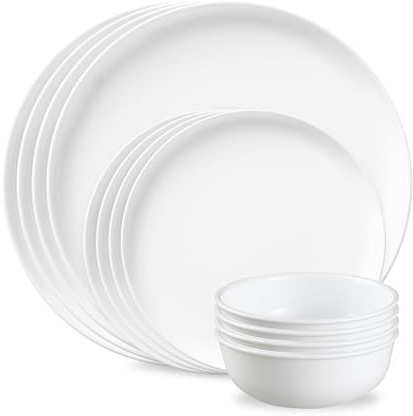 Corelle Modern Rounds 12 Piece Dinnerware Set, Service for 4, Triple Layer Chip & Crack Resistant Glass Plate and Bowl Sets