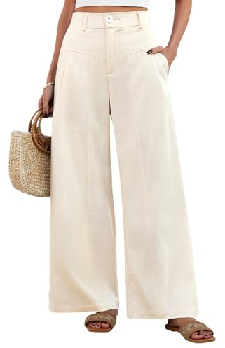 HEEKPEK Pantaloni Lino Donna Estivi Larghi Pantaloni Leggeri Elastico Vita Alta Lunghi Gamba Larga Eleganti Pantalone Bottoni Solido Sciolto Freschi Comodi con Tasche (Color Crema, XXL)