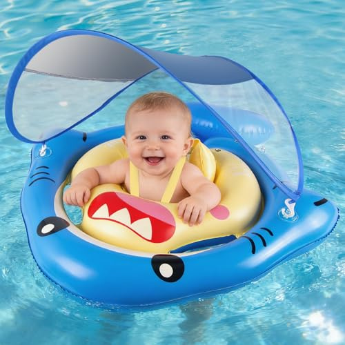 NYOBABE Simring baby 6–36 månader, simring för bebisar med SPF 50+ soltak och antitippsvans, justerbar säkerhetssäte, simhjälp simning 1–3 år, blå