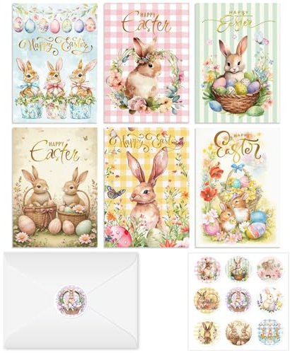 6 Pack Happy Easter Cards with Envelopes and Stickers Vintage Bunny Egg Floral Designs Greeting Cards for Holiday Easter Party Supplies