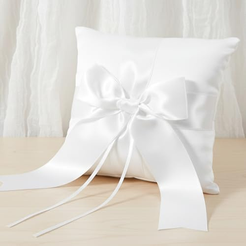 Skrfren Nastro di raso per anelli di nozze, con anello bianco e bellissimo fiocco bianco, cuscino da sposa, con perla simulazione, per fidanzamento o fedi nuziali, vintage, 15 x 15 cm