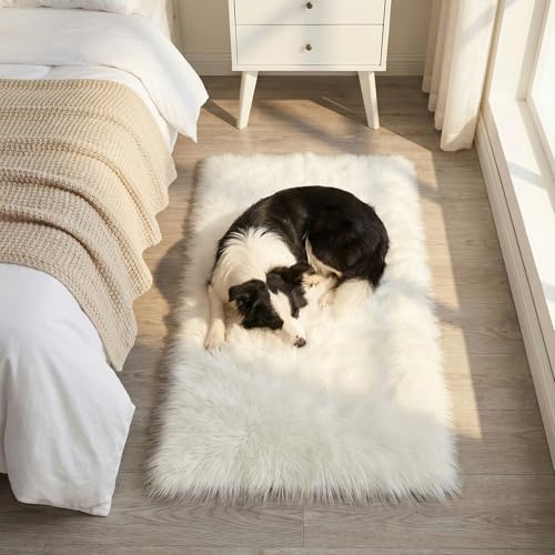 Mishukaze Plüsch-Teppich aus Schaffell, ultraweich, flauschig, maschinenwaschbar, rutschfeste Bodenmatte, seidiger Zottelteppich für Schlafzimmer, Wohnzimmer und Kinderzimmer, Weiß, 60 x 110 cm