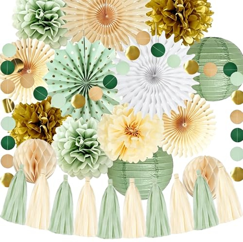 Forbabe Seidenpapier Pompons Deko Set Papierfächer Grün Laterne für Deko | Geburtstagsdeko mit Quasten Creme Seidenpapier Pompons Papierfächer Grün Laterne für Hochzeit, Babyparty Deko, Abschlussball