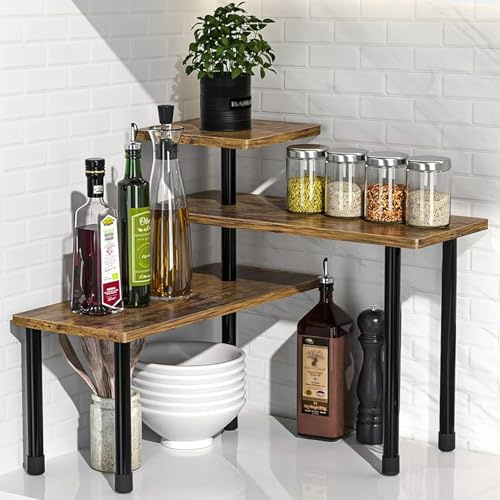 Eckregal Küche Organizer Küchenregal Klein - 3 Stöckiges Verstellbares Holz | Küche Arbeitsplatte Tischregal Verstellbar Gewürzregal Stehend Küchenorganizer Regal für Esszimmer Küchen Badezimmer