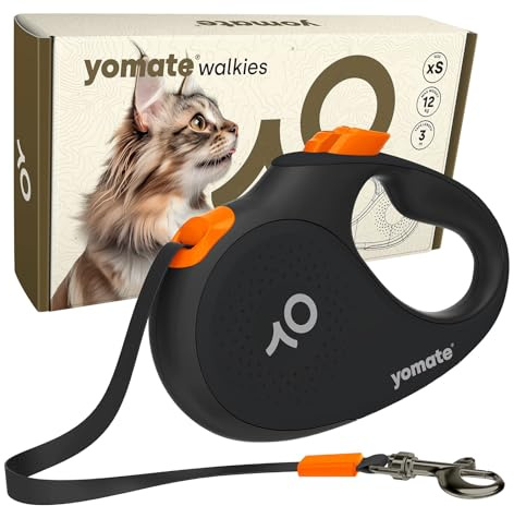 YOMATE Katzenleine Automatisch 3m – Leichte Rollleine für Katzen bis 12kg, Ausziehbare Katzenleine mit Bremsfunktion, Ergonomischer Griff, Verhedderungsfrei, Schwarz