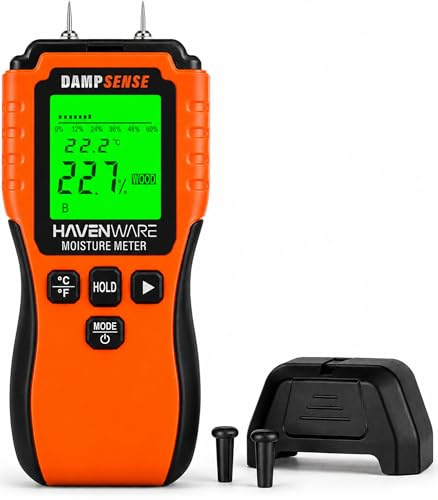 HAVENWARE DampSense Moisture Meter for Wood & Building Materials – Digital Damp Detector with LCD Backlit Display, Pin Type Moisture Tester for Walls, Timber, Masonry, Plaster & Leak Detection