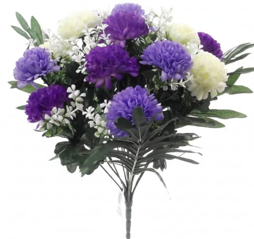 A1-Homes 36cm Artificial Silk Spiky Chrysanthemum/Mum Bush - 14 Flower Heads (1, Purple/Lilac & Cream)